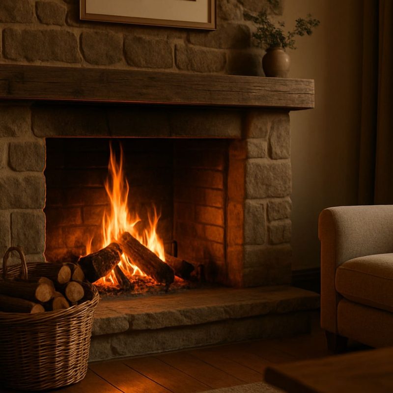 Une cheminée allumée au centre d'une salle à manger.