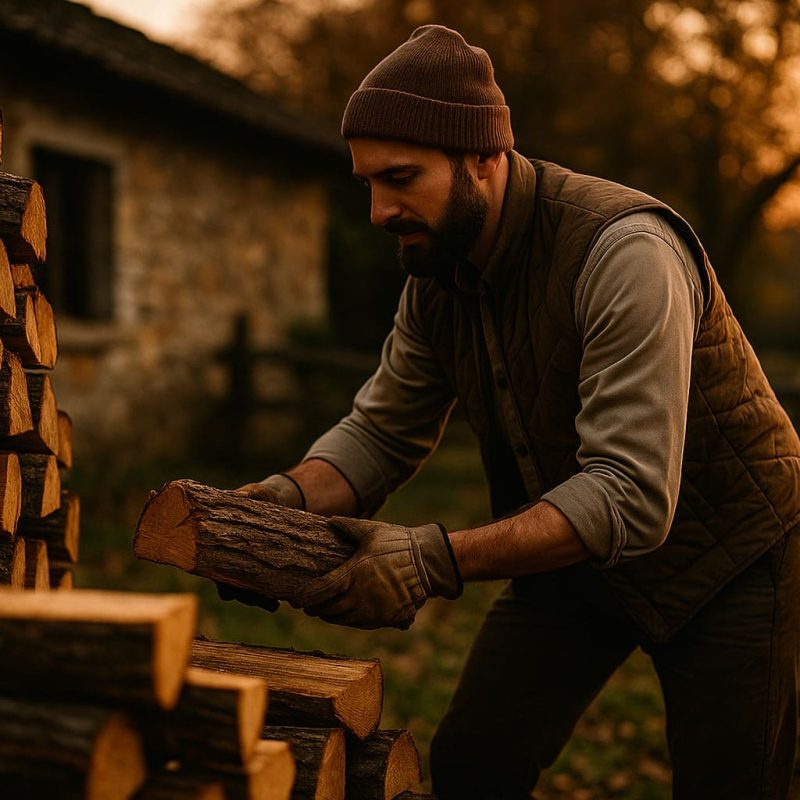 Un homme habillé chaudement empile du bois de chauffage en extérieur.