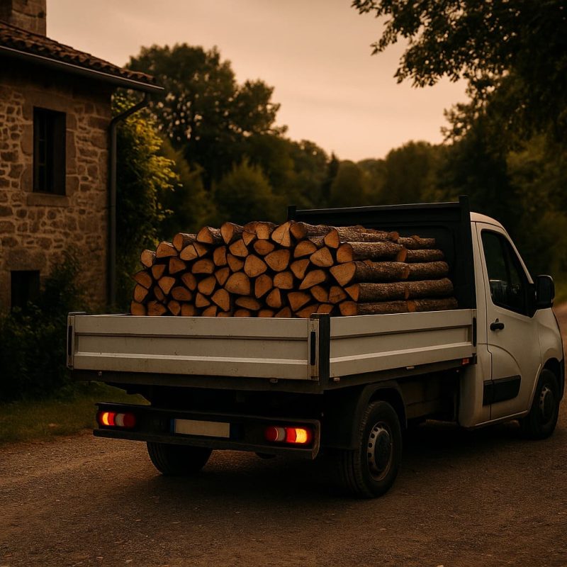 Un camion blanc chargé avec du bois de chauffage.