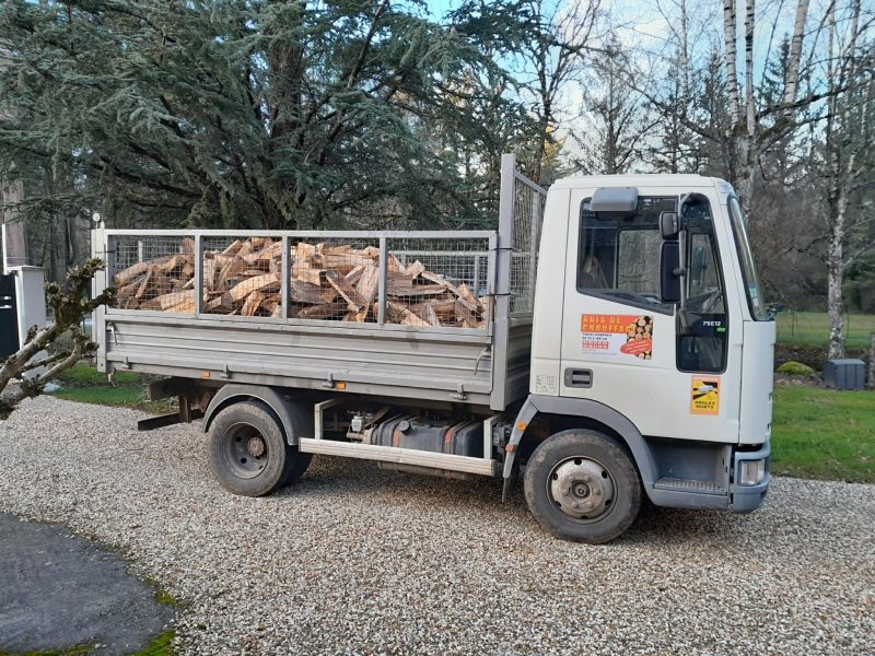 Un camion qui transporte du bois de chauffage.