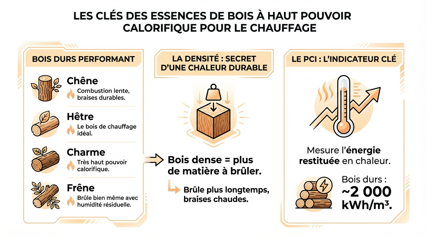 Comparaison des essences de bois de chauffage selon leur pouvoir calorifique et leur densité