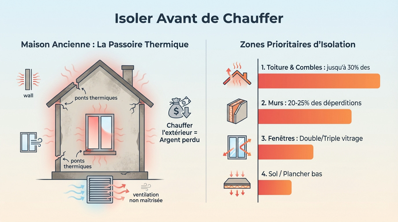 Schéma illustrant les déperditions thermiques d'une maison ancienne avant isolation