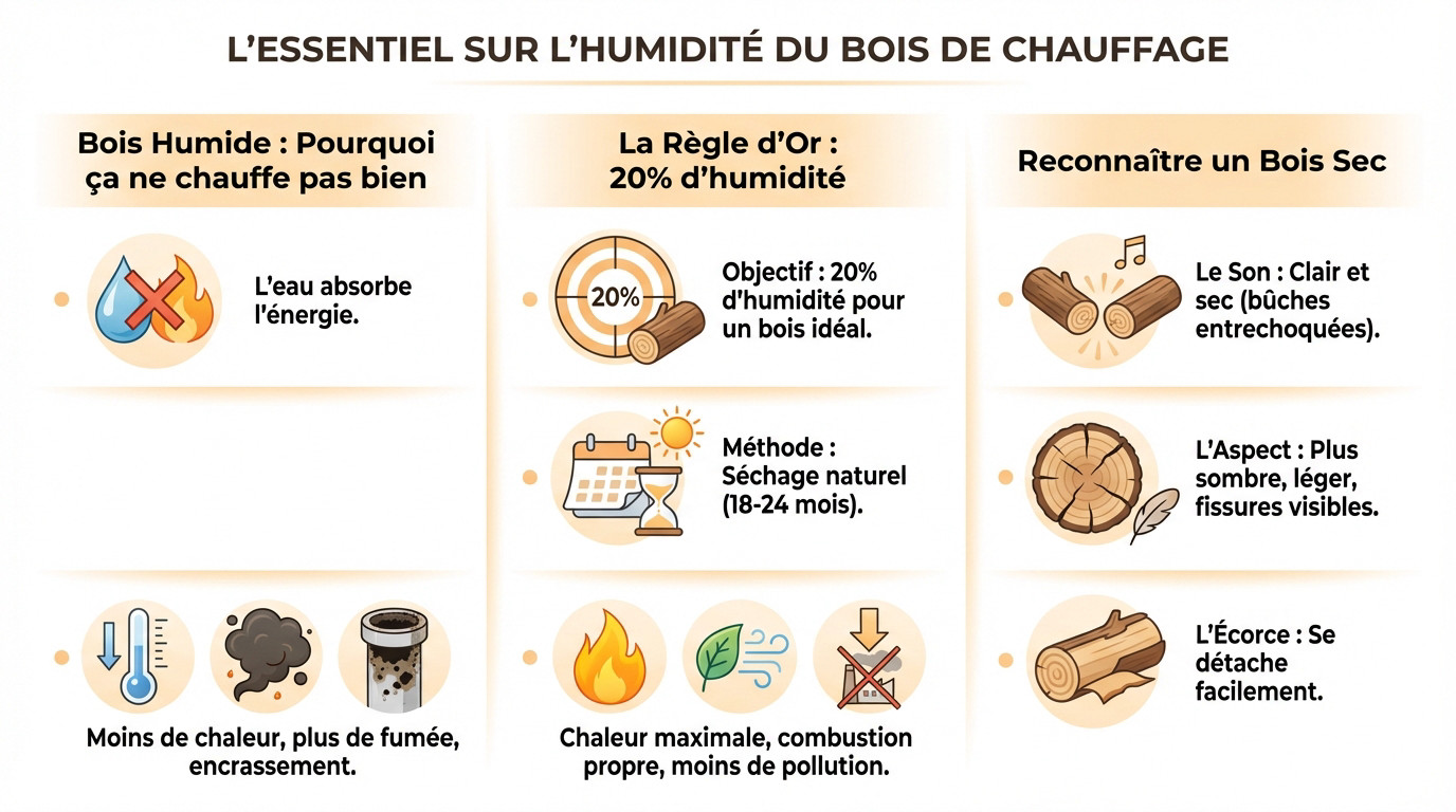 Schéma explicatif sur l'impact de l'humidité du bois de chauffage sur le rendement thermique