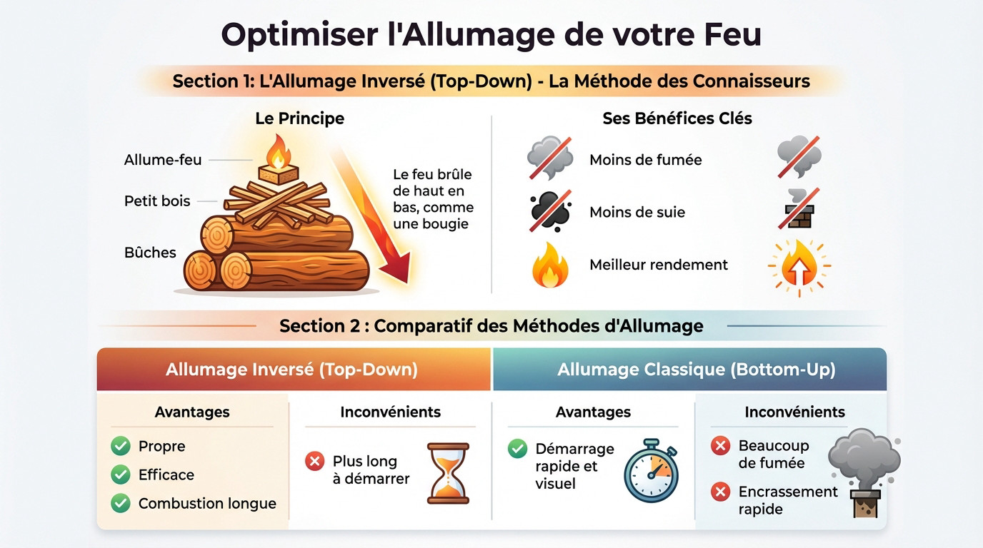 Préparation du foyer montrant comment allumer un feu de cheminée avec la méthode top-down