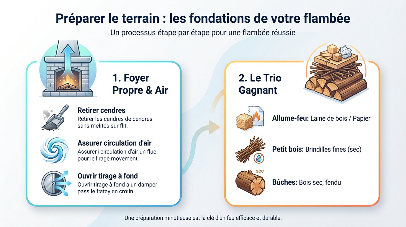 Préparation du foyer et disposition du bois avant l'allumage