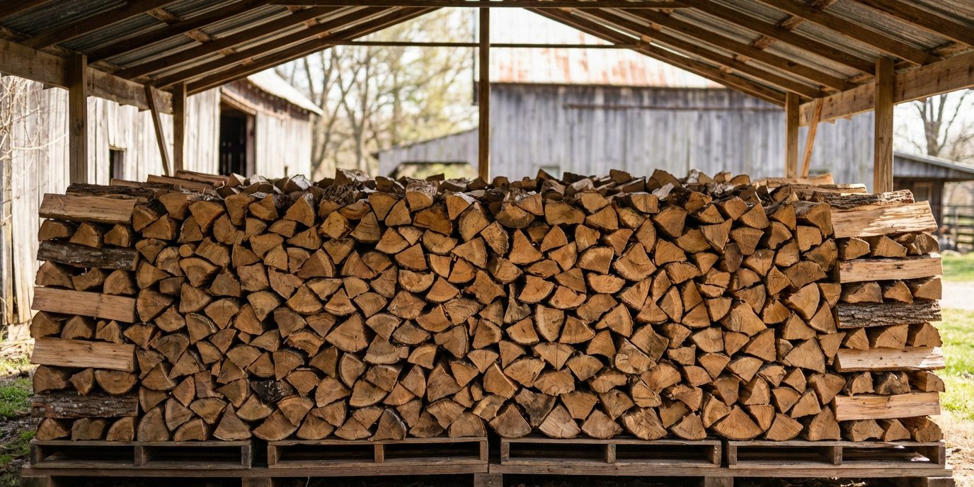 Grande pile de bois de chauffage fendu, soigneusement rangée sur palettes sous un abri en bois pour un séchage optimal.