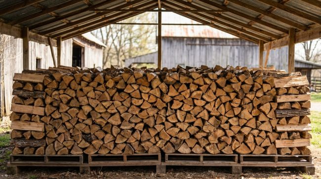Grande pile de bois de chauffage fendu, soigneusement rangée sur palettes sous un abri en bois pour un séchage optimal.