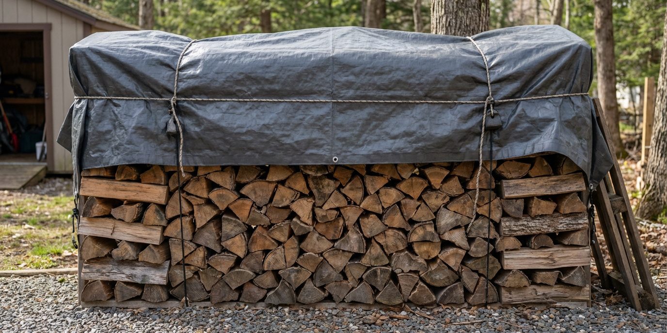 Pile de bois de chauffage fendue, bien rangée sous une bâche grise attachée avec des cordes, dans un environnement boisé.