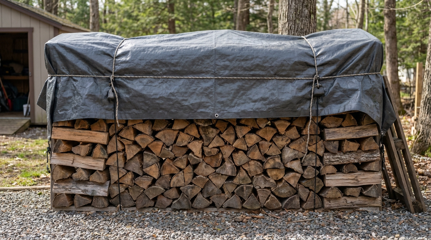 Pile de bois de chauffage fendue, bien rangée sous une bâche grise attachée avec des cordes, dans un environnement boisé.
