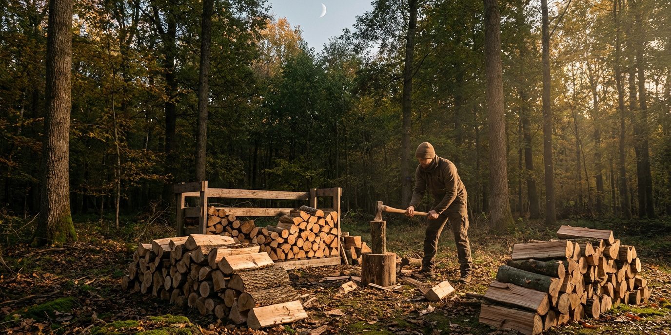 L’art de la coupe : Bois de chauffage sous la lune Homme coupant du bois à la hache dans une forêt, avec des piles de bûches et une lune croissante dans le ciel.