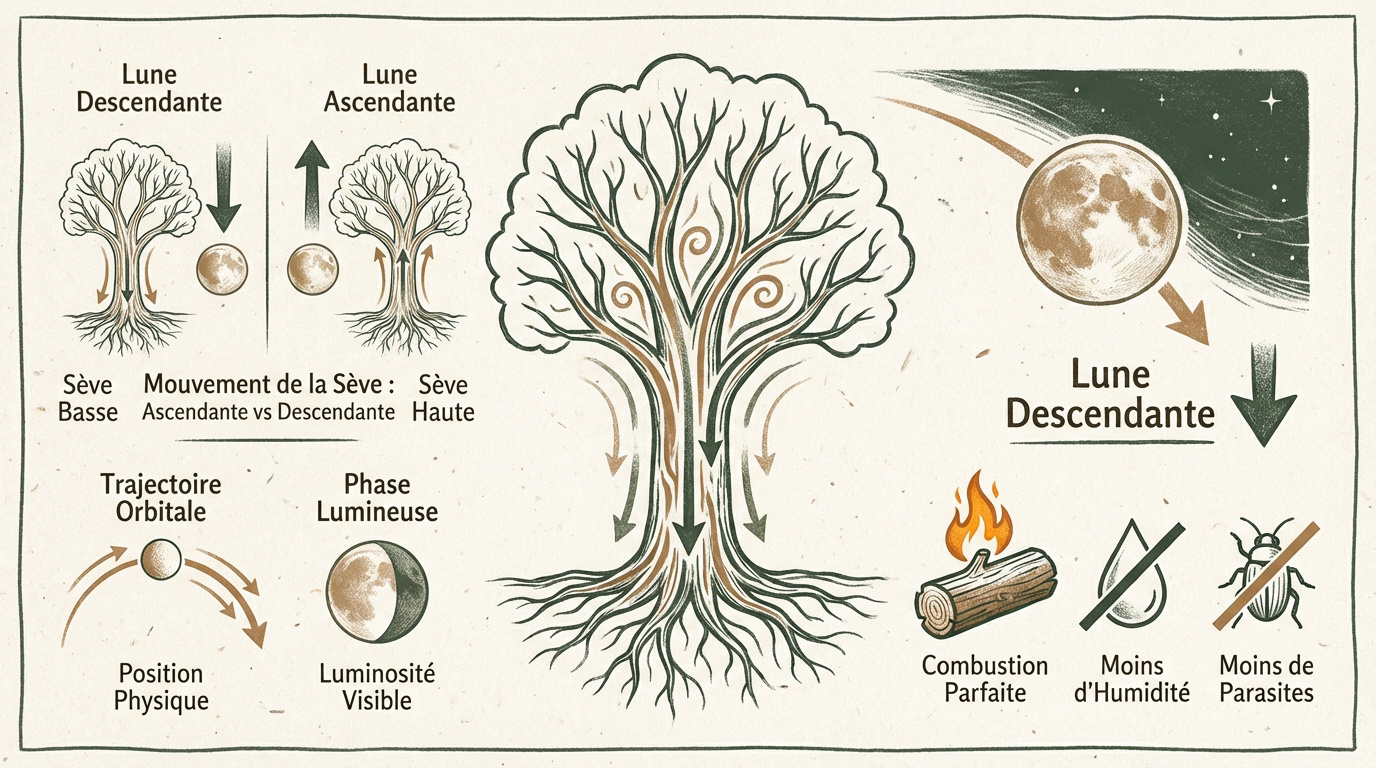 Infographie sur la lune descendante et le bois de chauffage