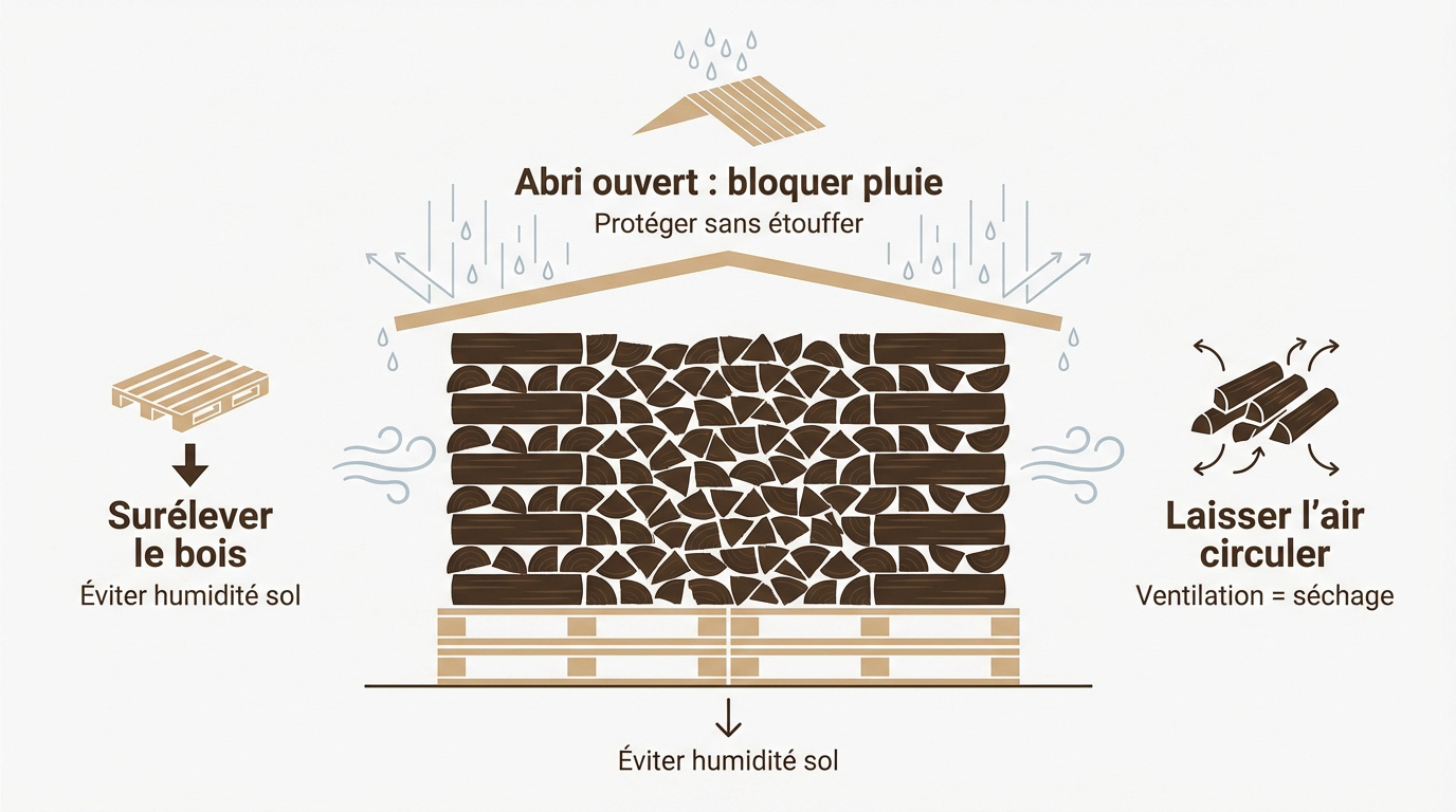 Infographie expliquant comment bien ranger son bois de chauffage pour un séchage optimal
