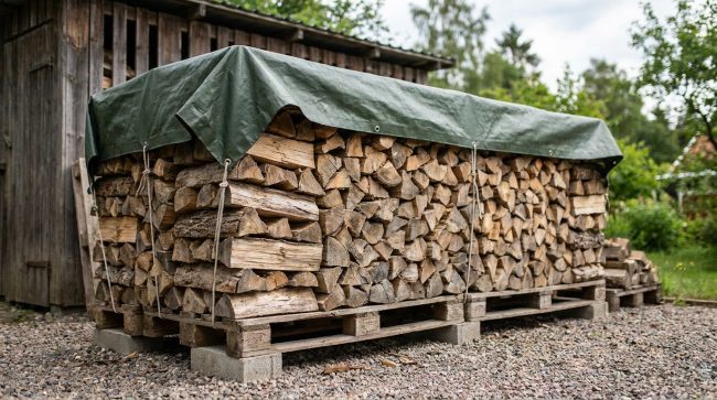 Une pile de bûches de bois rangée sur des palettes et recouverte d'une bâche verte dans un jardin.