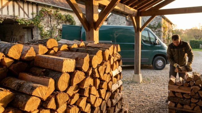 Un livreur range des bûches de bois sec à côté d'un camion utilitaire devant une ferme traditionnelle.
