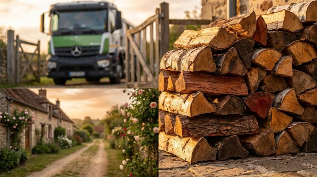Camion de livraison de bois devant une maison de campagne avec une pile de bûches au premier plan.