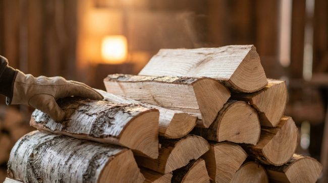 Une main gantée touche une pile de bûches de frêne fraîchement fendues dans une ambiance chaleureuse.