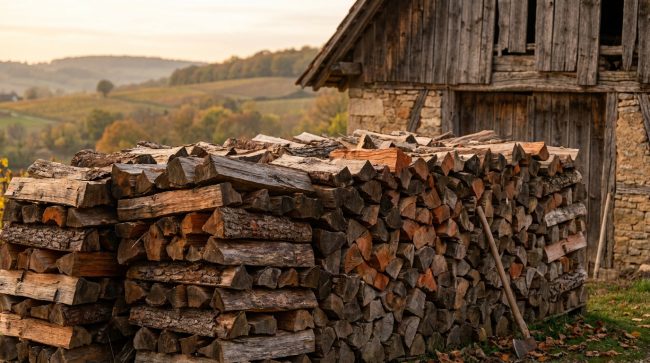 Un grand tas de bois de chauffage fendu empilé devant une ancienne grange en pierre avec une hache appuyée contre.