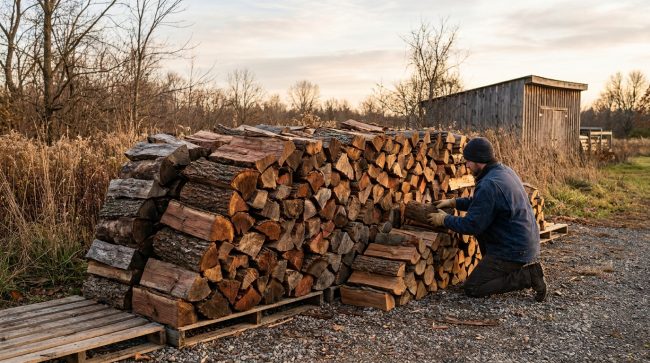 Un homme range du bois de chauffage sur des palettes à l'extérieur lors d'une journée automnale.