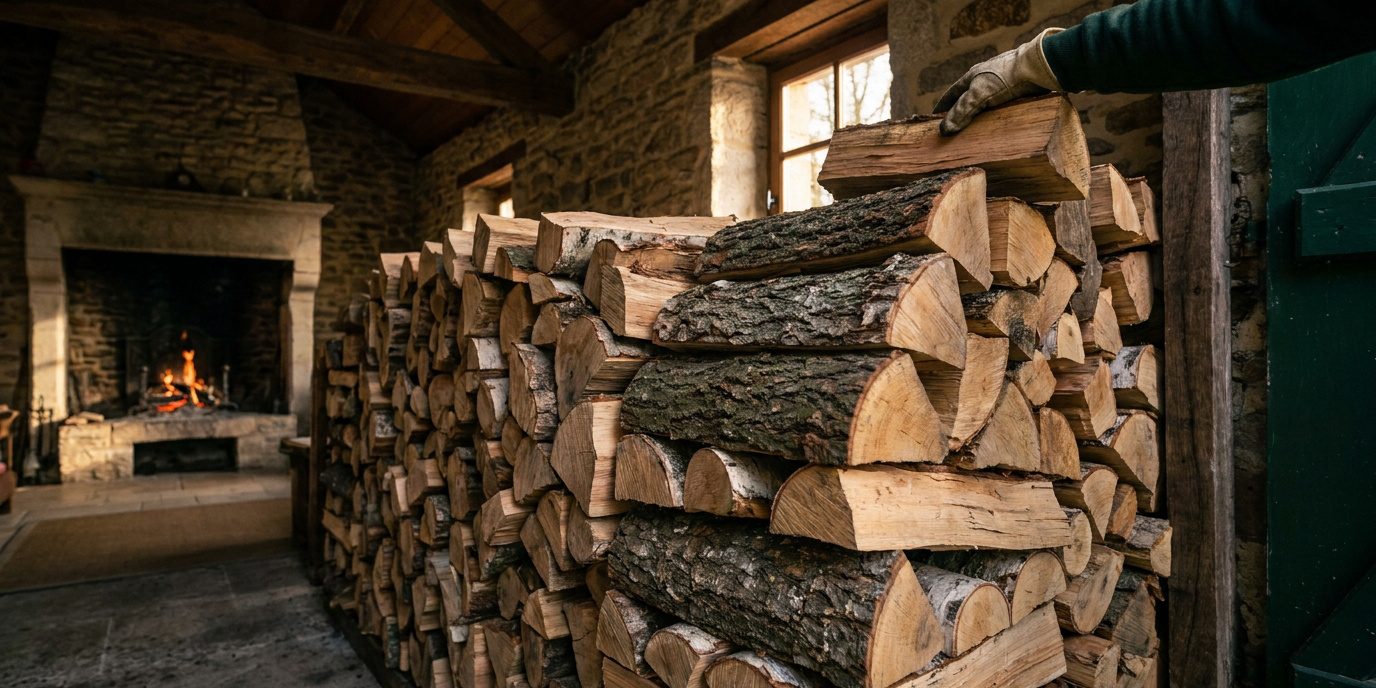 Une main gantée place une bûche sur une pile de bois de chauffage bien rangée devant une cheminée allumée.
