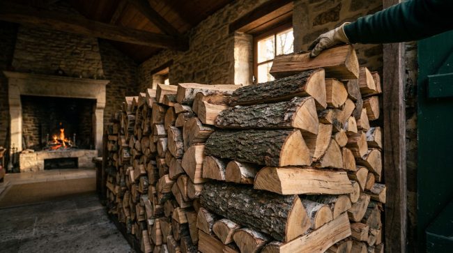 Une main gantée place une bûche sur une pile de bois de chauffage bien rangée devant une cheminée allumée.