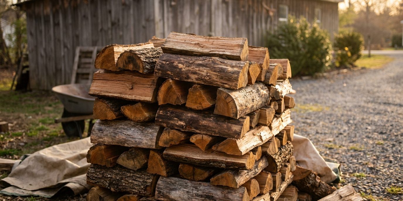 Livraison de bois de chauffage sec à Brassac Pile de bûches de bois coupées et empilées à l'extérieur devant un cabanon en bois au coucher du soleil.