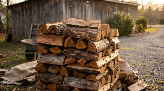 Pile de bûches de bois coupées et empilées à l'extérieur devant un cabanon en bois au coucher du soleil.