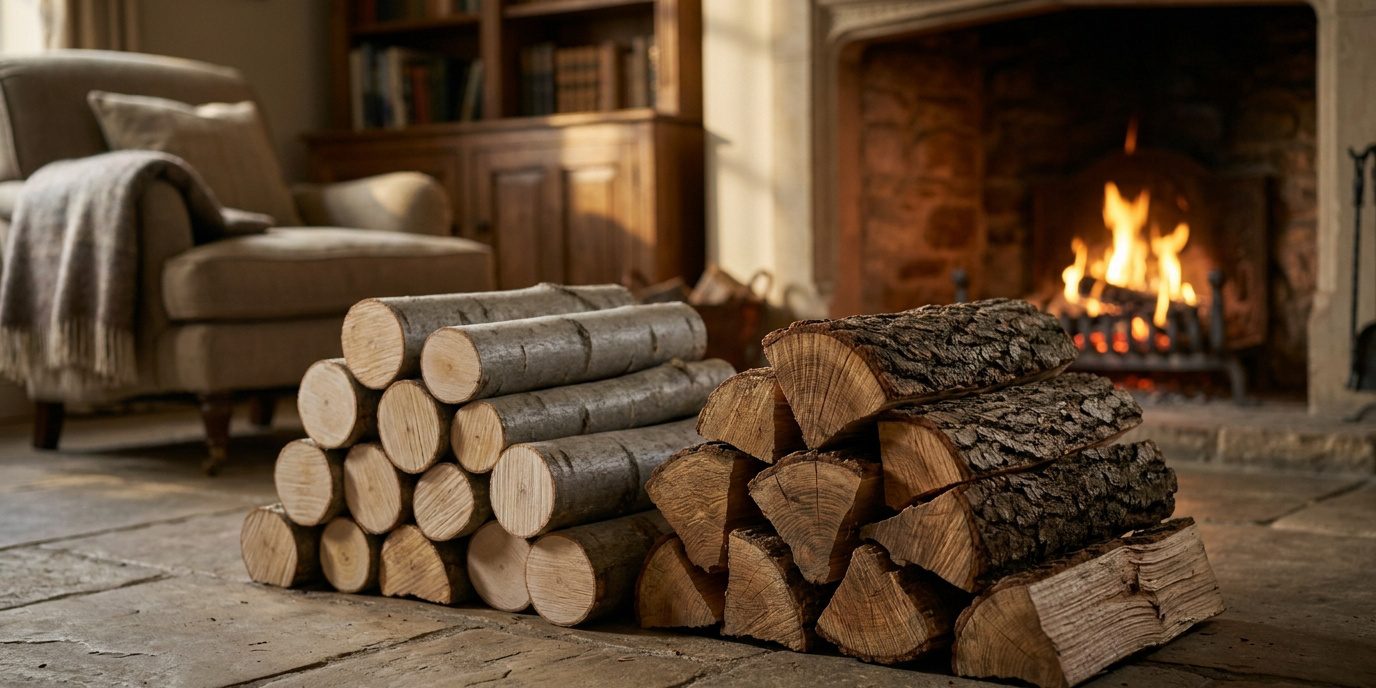 Deux piles de bûches de bois, frêne et chêne, disposées sur un sol en pierre devant une cheminée allumée.