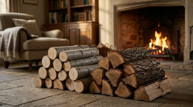 Frêne ou chêne : quel bois pour votre cheminée ? Deux piles de bûches de bois, frêne et chêne, disposées sur un sol en pierre devant une cheminée allumée.