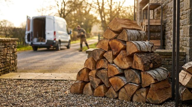Pile de bûches de bois coupées devant une maison avec un livreur déchargeant une camionnette en arrière-plan.