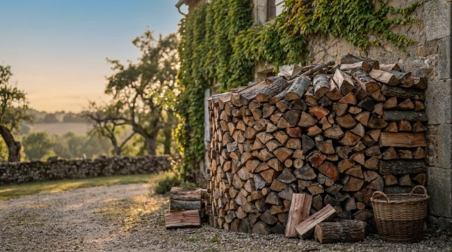 Pile de bûches de bois de chauffage rangée contre un mur en pierre à la campagne lors d'un coucher de soleil.
