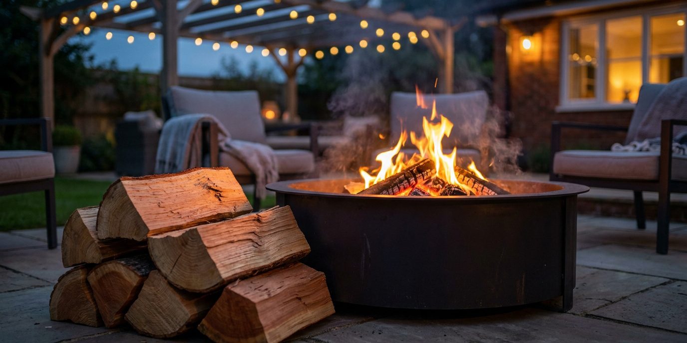 Un brasero en métal avec un feu flamboyant à côté d'une pile de bûches sur une terrasse confortable au crépuscule.