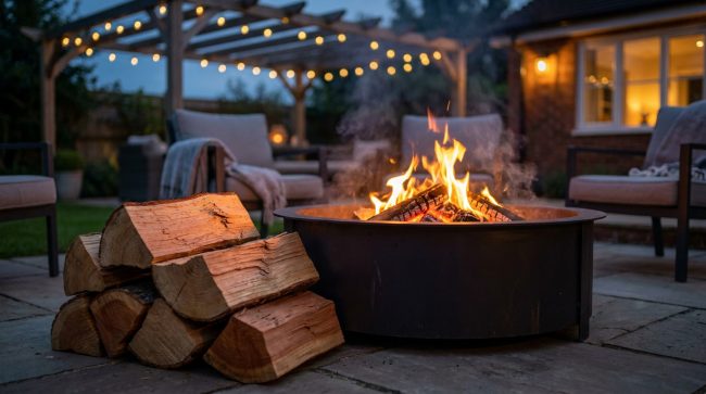 Un brasero en métal avec un feu flamboyant à côté d'une pile de bûches sur une terrasse confortable au crépuscule.