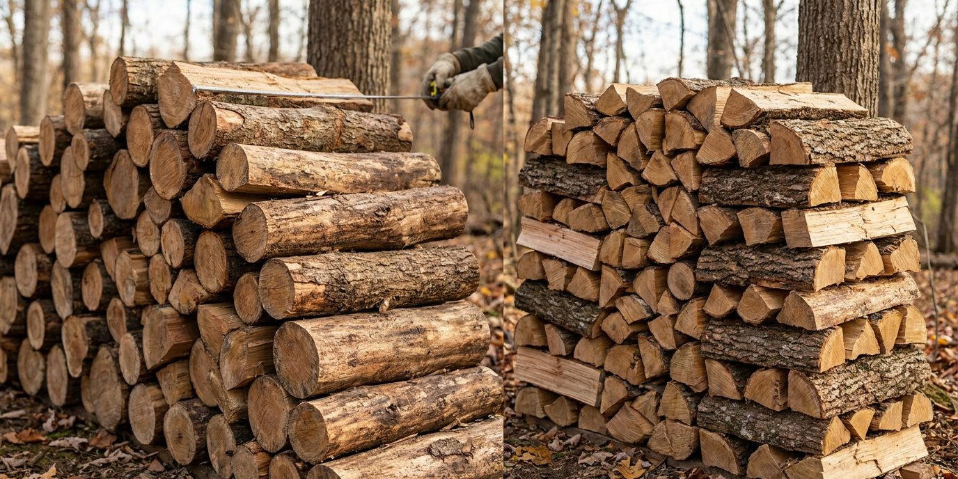 Comparaison visuelle entre des bûches entières empilées à gauche et du bois fendu compact à droite dans une forêt.