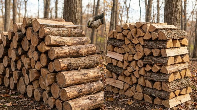 Comparaison visuelle entre des bûches entières empilées à gauche et du bois fendu compact à droite dans une forêt.